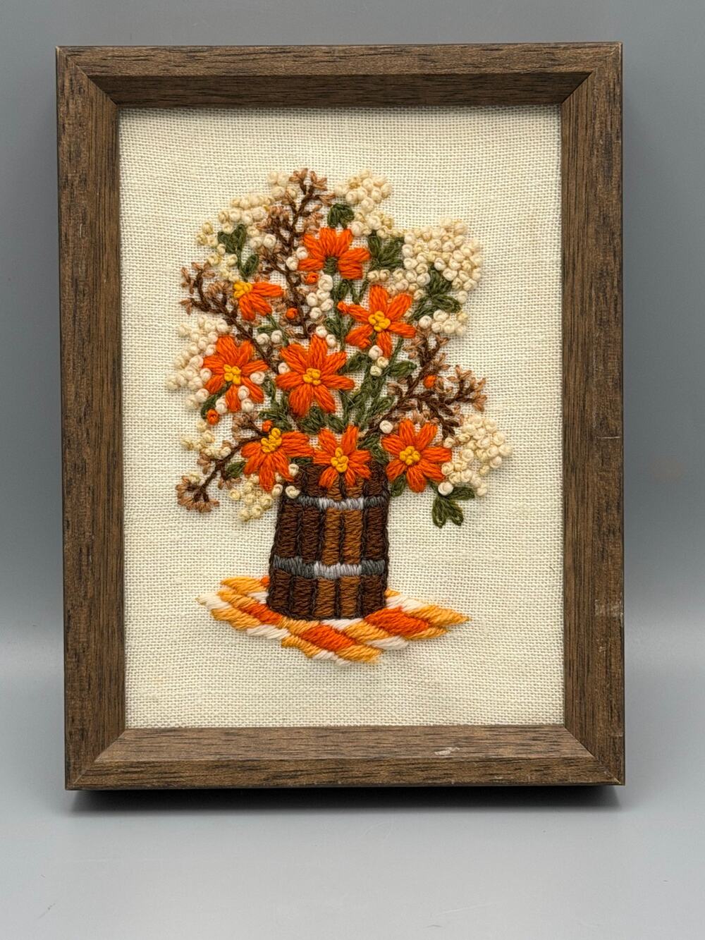 Crewel Embroidery Floral Basket Framed Fiber Art Orange Brown MCM Wall Decor